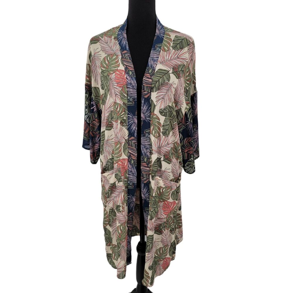 Time And Tru Kimono Cover-up Womens Medium Tropical Leaf Botanical Open Front